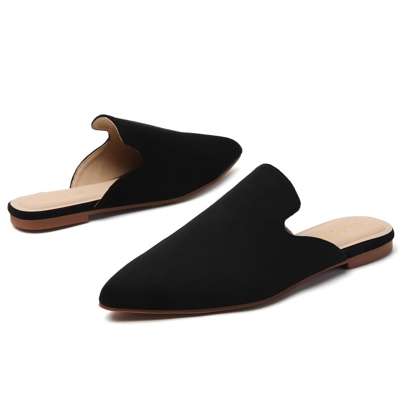 Tilocow Mules for Women Flats Pointed Toe Slip On Backless Loafers Flat Mule Business Casual Shoes Slides B Black - Image 3